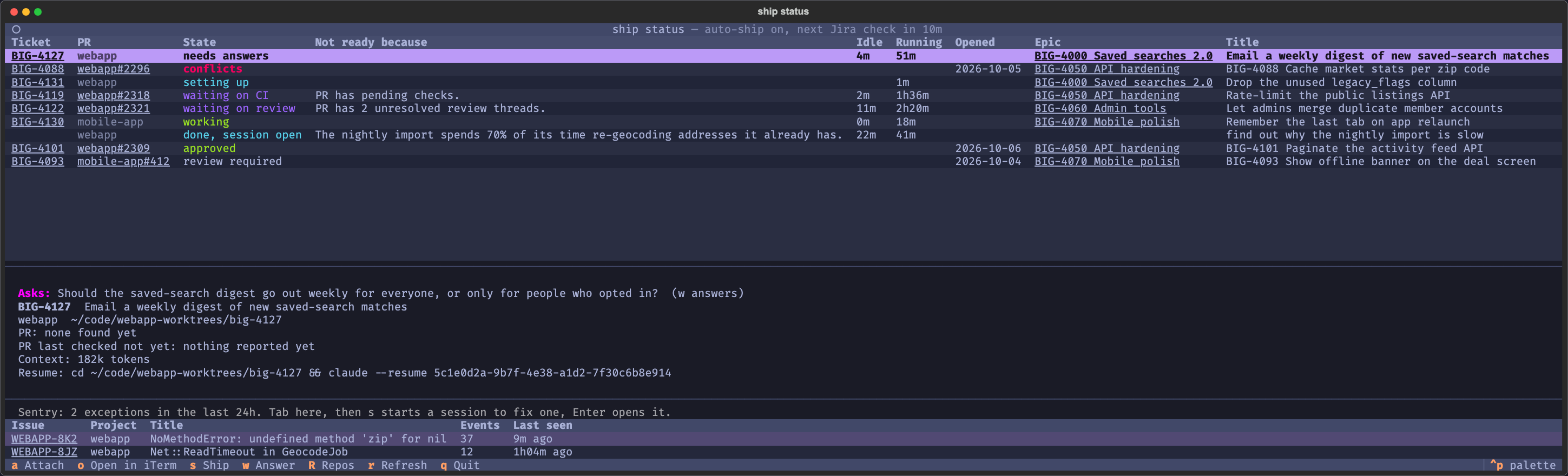 The ship status dashboard, showing runs in different states, PRs waiting on review, and recent Sentry exceptions